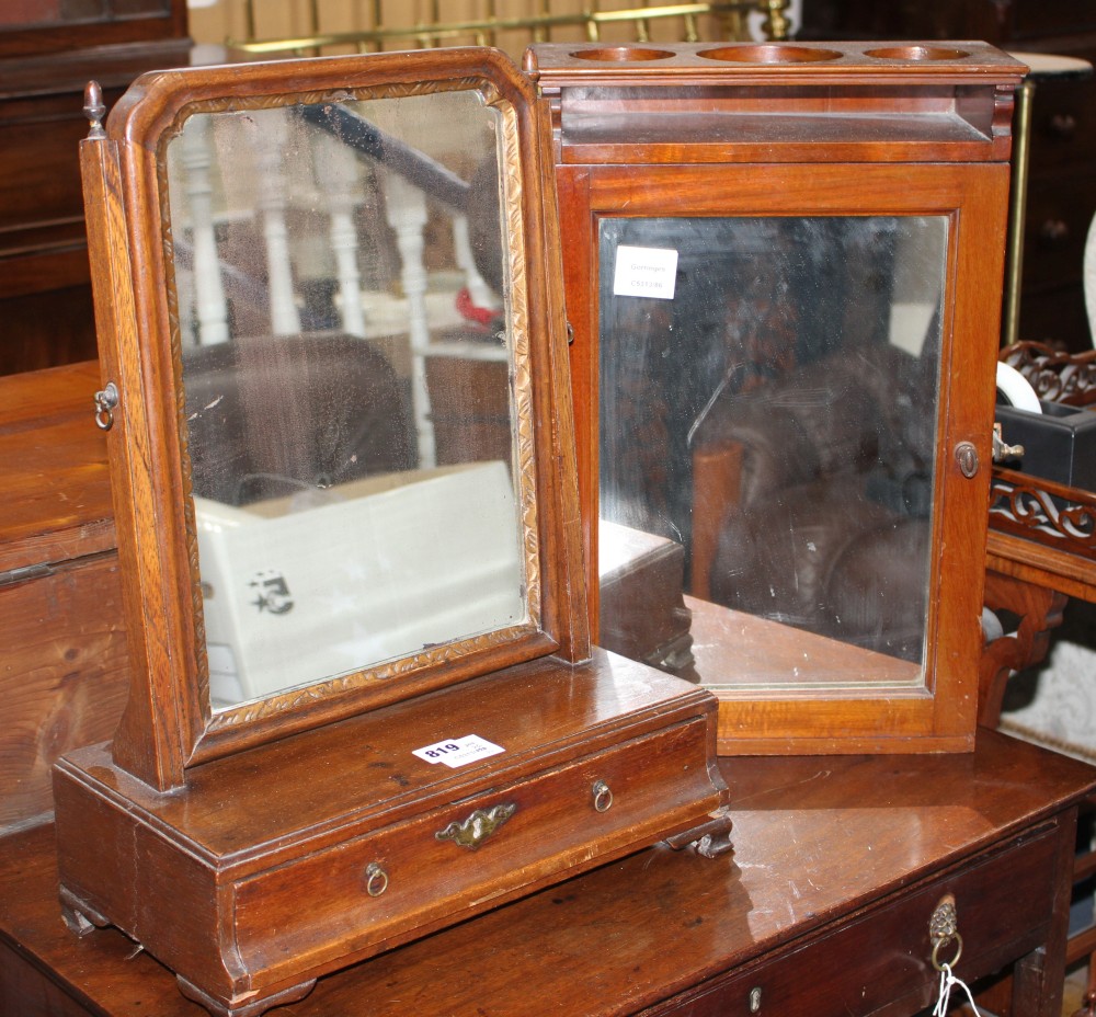 A George III mahogany toilet mirror and a mirrored mahogany medicine cupboard, W.33cm